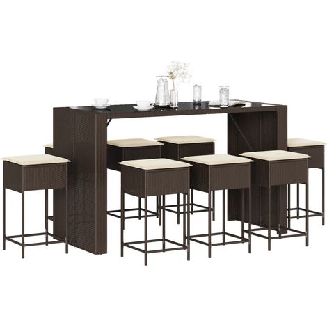 9-tlg. Gartenbar-Set mit Kissen Braun Poly Rattan