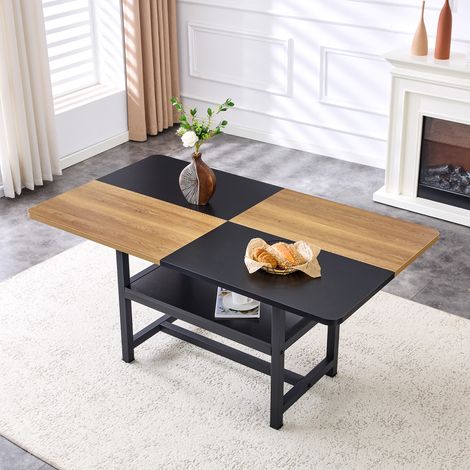 Esszimmertische Rechteckiger Esstisch mit multifunktionalem Aufbewahrungsregal, Holzplatte und schwarze Beine, braun und schwarz, 160x90x76 cm