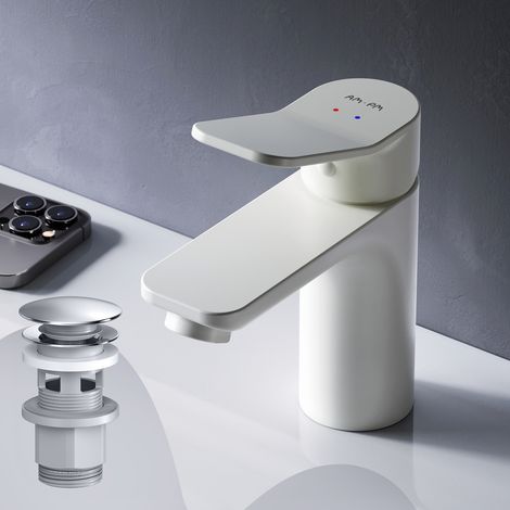 Am.Pm – Mitigeur de lavabo blanc mat – Bonde clic clac – Mélangeur en laiton – Hauteur sous bec 200mm – Pour salle de bain moderne (1/5)
