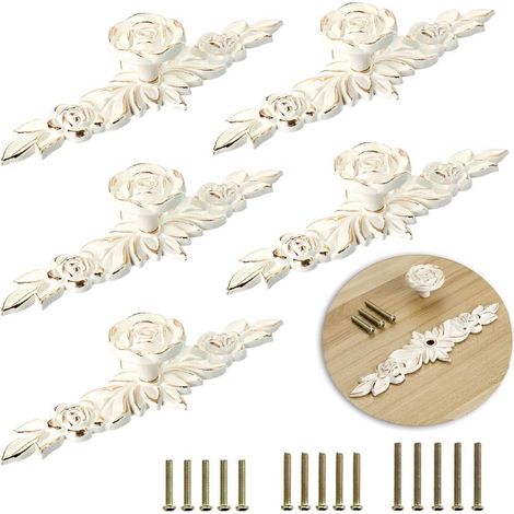5pcs bouton de porte de feuille bouton de porte d'armoire vintage décore des tiroirs, des commodes, des armoires, des meubles, etc. (14.6cm) (Or) (1/5)