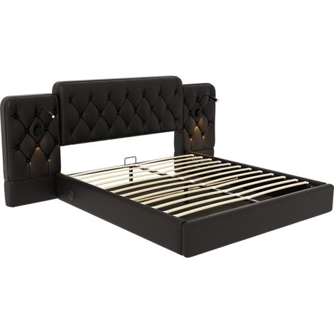 Letto contenitore 160 x 200 cm in PU nero con testiera allungata, lampade da lettura e USB (1/5)