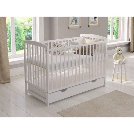 Lit bebe 120x60cm avec tiroir,Lit Bebe evolutif avec Matelas en Mousse,barrière de sécurité en Bois et Gaine protectrice, Blanc