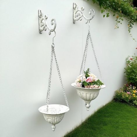Panneau mural à fleurs blanc style rustique vintage, pot suspendu en métal pour plantes d'extérieur