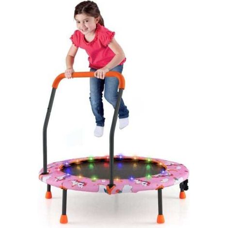 21 LED mini trampoline enfant, pour sauter et jouer, poignée amovible et housse de sécurité rose (1/5)