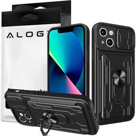 Funda tipo cartera Alogy Camshield con soporte y anillo, cubierta para la cámara y ranuras para tarjetas para Apple iPhone 14, color negro. (1/5)