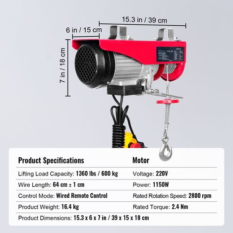 Mophorn Elektrischer Flaschenzug, 1320 lbs Kapazität, 1150 W 220 V Stahldrahtwinde, 40 Fuß Hubhöhe, Motor aus reinem Kupfer, Garage, Lager, Fabrik