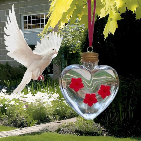 Silver Lid Heart Shaped Bird Water Feeder 3 Flowers Design Garden Bird Drinking Supply