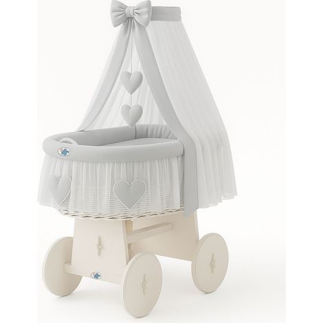 Moisés de mimbre Amelia con dosel - Ropa de cama blanca y gris (1/4)