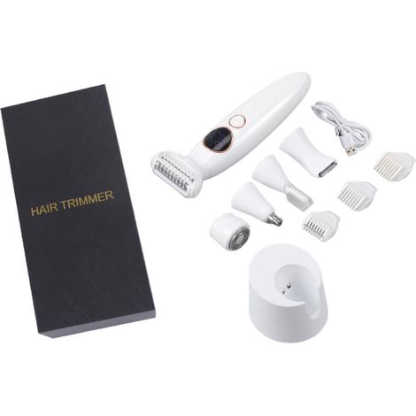 Rasoir Électrique Femme 5 en 1, Kit Intime Corps & Visage IPX7 Étanche, Station de Charge USB - Tondeuse pour Sourcil, Maillot, Visage (avec 5 têtes, 3 sabots)