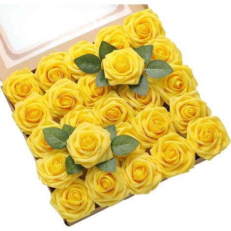 Roses Artificielles - 28 cm - Tige Filaire Souple - Diamètre Tête 8 cm - Décoration Mariage Centre de Table Bouquets DIY - Lot de 25 (1/5)