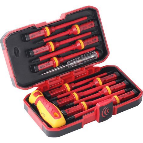Coffret de 13 Tournevis Isolés 1000V, Set Tournevis Électricien Pro CR-V, Embouts Plat PH PZ Torx Magnétiques avec Testeur de Tension et Mallette (1/5)