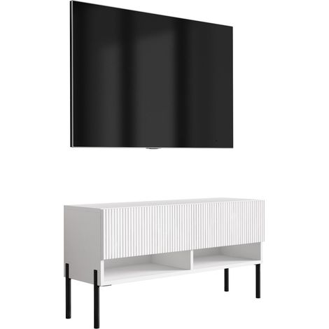 Mobile TV con frontale scanalato, bianco opaco, gambe dritte nere, 100 × 32 × 52 cm (1/5)