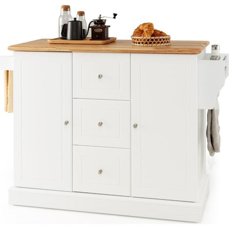 Carrello da cucina mobile con 5 ruote 127 x 46 x 91,5 cm spazio di stoccaggio ottimizzato design moderno in legno di caucciù bianco 200018822