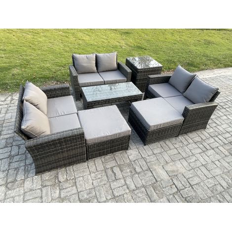 Fimous Lounge Poly Rattan Gartenmöbel Set für den Garten mit Couchtisch Doppelsitz-Sofa 2 Großer Fußhocker Beistelltische Dunkelgrau Gemischt (1/5)