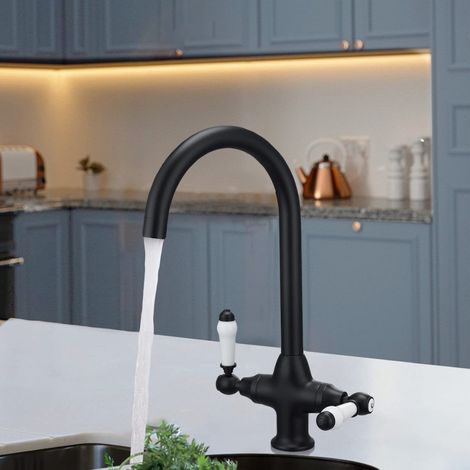 Traditional Matte Black Twin Lever Kitchen Mixer Tap With Swivel Spout (1/4)