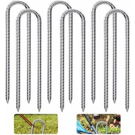 pair 6 pièces 30CM Piquets de Sol en Forme de U, Acier galvanisé Ancrage de Tente Clous de Trampoline Crochets pour la sécurisation de clôtures, tentes, auvents, Camping, Trampolines (1/5)