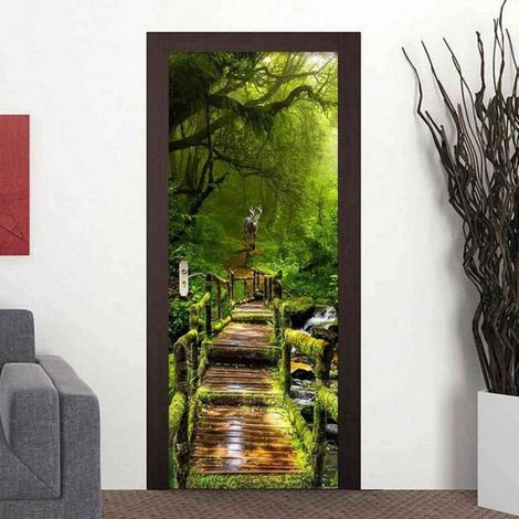 Autocollant Porte 3D 77X200cm Stickers Muraux Poster Porte,Cuisine Salon Auto-Adhésif Imperméable Paysage de pont en bois de forêt (1/5)