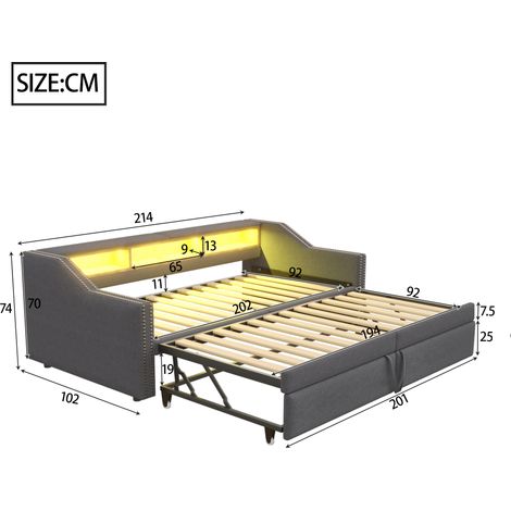 Lit canapé convertible 90/180x200 cm, gris foncé, avec coffre de rangement intégré, éclairage LED, port USB et sommier à lattes inclus, meuble 2-en-1 multifonction. (1/5)