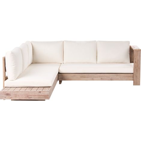 Conjunto esquinero de exterior izquierdo sofá y mesa auxiliar de madera de acacia certificada blanco crema Marettimo (1/5)
