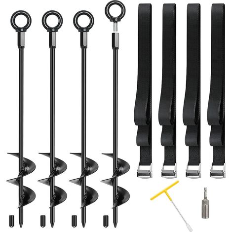 Ancrage au Sol 45 cm – Piquets d’Ancrage Spiralés à Visser, Ancrage Trampoline Anti-Vent, Sangles d’Arrimage Réglables + Outils Douille, pour Balançoire, Tente, Tonnelle, Abri, Carport (1/5)