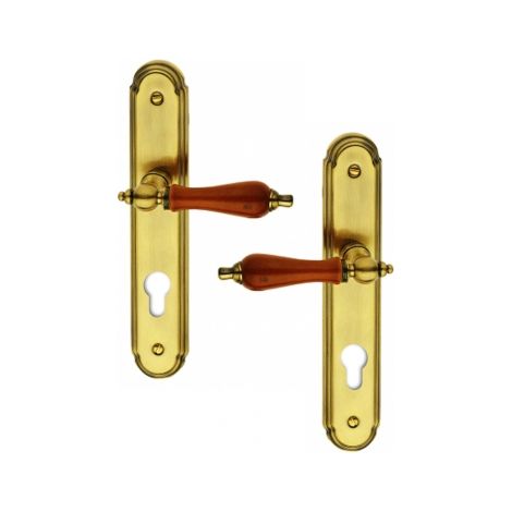 Ouvre&Déco – Poignées de porte CARLA – 2 unités – Zamak patiné doré – Entraxe 195 mm – Béquille en bois pour portes d'entrée