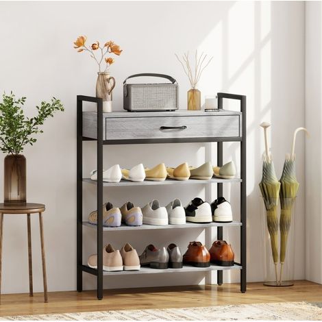 Scarpiera a 4 livelli con cassetto, 70 x 30 x 87,6 cm, pannello truciolare e metallo grigio (1/5)