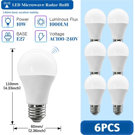 (6 unités, lumière naturelle 4000K) Ampoules radar à micro-ondes pour détecteurs de mouvement, 10W, 1000LM, sans scintillement. (1/5)