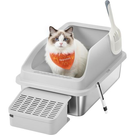 Bac à Litière pour Chat, en Acier Inoxydable, à Bords Hauts, Dessus Ouvert, Marche, Pelle, Brosse, pour Chats Jusqu’à 15 kg, Gris Tourterelle PPT008GD01 (1/5)