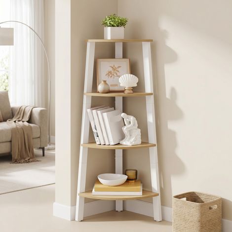 Bibliothèque 4 Niveaux, Cadre en Acier, Étagère d'Angle, Meuble de Rangement, Style Industriel, pour Salon, Jaune paille et Blanc (1/5)
