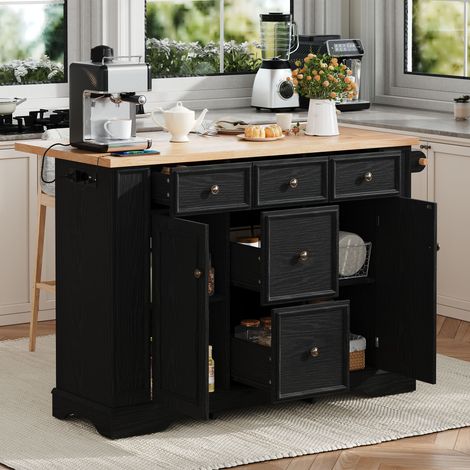 Îlot de cuisine avec espace repas extensible,étagères réglables et tiroirs multifonctions,îlot indépendant avec multiprise intégrée,idéal pour cuisine et salle à manger,noir (1/5)