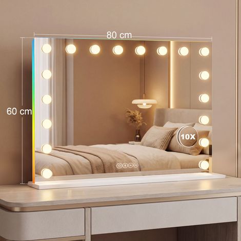Miroir de maquillage hollywoodien avec 18 LED à intensité variable, 3 couleurs, éclairage RGB, haut-parleur Bluetooth, grossissement x10, blanc (1/5)