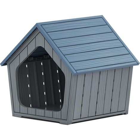 GOPLUS Niche pour Chien Exterieur/Interieur, Niche Chien avec Toit en Pente, Ouvertures de Ventilation, Base Surélevée Résistante à l'Eau, 59,5 x 57 x 58cm pour Chiens de Petites Tailles, Bleu et Gris (1/5)