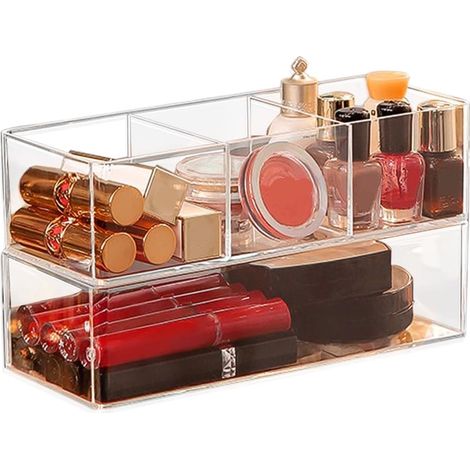 Organiseurs de maquillage en acrylique - Tiroir empilable - Rangement de cosmétiques - Boîte de rangement - Coiffeuse - Transparent (1/5)