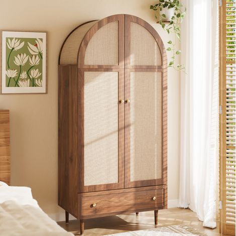 Armoire avec tiroirs 79 x 50 x 175 cm en MDF couleur bois, portes en tissu, avec penderie DESVIAE (1/5)
