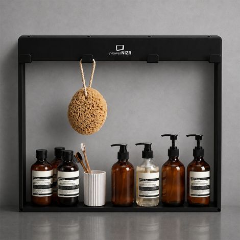 ShowerNIZR® Duschregal Obsidian Black - Duschablage ohne Bohren für Duschwand zum Hängen aus Edelstahl mit 4 Haken