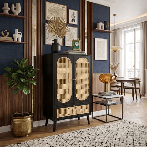 Creahappy Buffet Haut 60x40x110.5 cm avec Rangement - Gain de Place - Style Bohème Rétro en Cannage Rotin et Bois - Noir 2 Portes 1 Tiroir (1/5)
