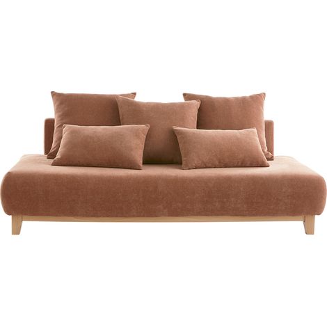 Divano 3 posti in tessuto effetto velluto testurizzato color terracotta e legno chiaro L200 cm ODEON