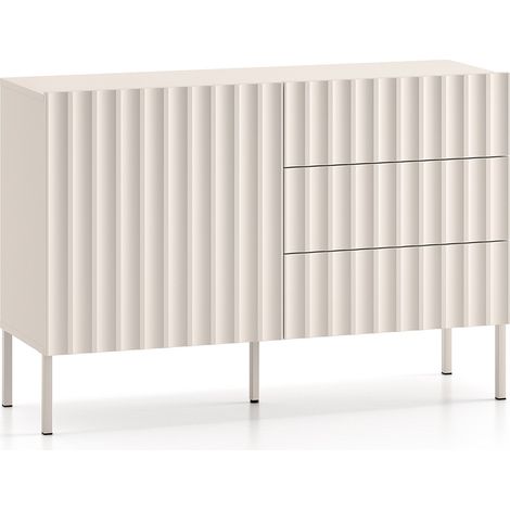 Selsey – Commode buffet 113 cm – Façades cannelées en MDF – Beige clair – 3 tiroirs avec ouverture par pression – Charnières à fermeture douce (1/5)