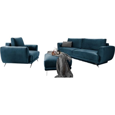 Ensemble canapé convertible velours bleu Zora - 1 canapé 3 places + 1 fauteuil + 1 pouf (1/5)