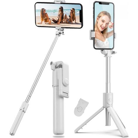 Trípode para selfies, palo selfie Bluetooth 4 en 1, monopié telescópico extensible con control remoto extraíble y soporte estable (blanco)