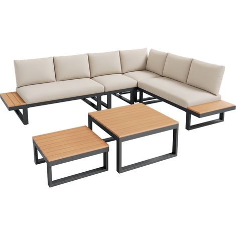 Gartenmöbel Set mit 1 Modularen Ecksofa und 2 Stapelbaren Couchtischen, Stahl und Polyester, Beige und Grau (1/5)