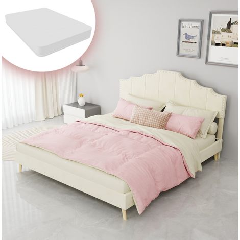 Lit moderne rembourré en tissu beige 160x200 cm avec tête de lit géométrique, sommier à lattes, matelas inclus
