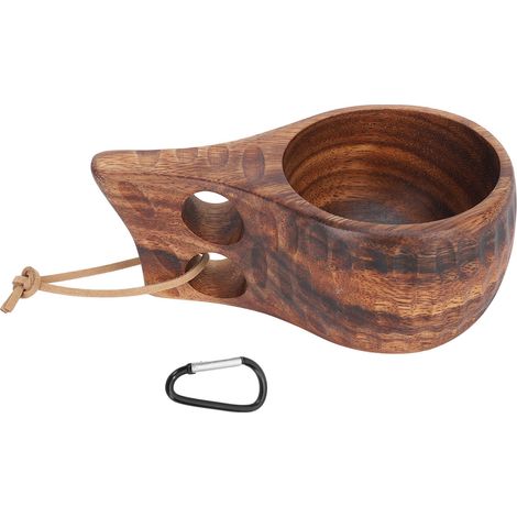 Tasse en Bois Style Nordique Naturelle avec 2 Trouets de Lanière et Motif Rainuré pour Randonnée Camping (1/5)