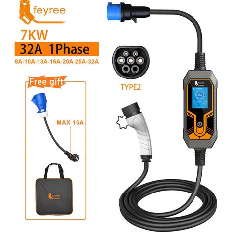 Caricabatterie portatile per veicoli elettrici Feyree tipo 2, regolabile da 8 A a 32 A, protezione multipla IP65, schermo LCD, cavo da 5 m (personalizzabile), garanzia di 2 anni - adattatore gratuito (1/4)