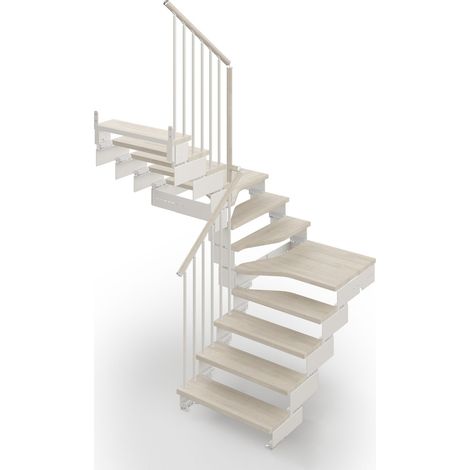 Misterstep – Escalier double quart tournant 74 cm – 12 marches – Rampe avec colonnes en tube – Main courante ajustable 10-130 cm – Couleur bois blanc 84