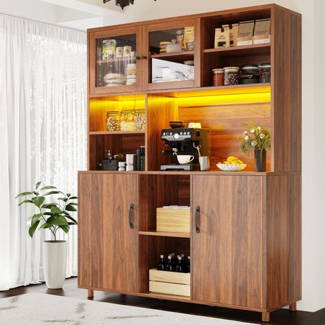 Meuble de rangement haut en noyer, 140x40x185cm, armoire polyvalente pour salon, cuisine ou salle à manger, avec éclairage LED intégré, porte à étagère interne, design vintage. (1/5)