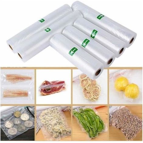 6 rotoli di sacchetti sottovuoto per alimenti con stampa a rilievo (20x500 cm + 28x500 cm) (1/2)