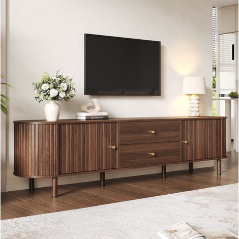 Mobile porta TV 180x40x58 cm con 2 cassetti e 2 ante scorrevoli, gestione cavi, effetto MDF per soggiorno - noce (1/5)