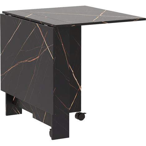 Table pliante de cuisine, table à manger escamotable avec 2 rabats, 2 roulettes freinées, 120 x 80 x 73 cm, noir marbré imitation (1/5)