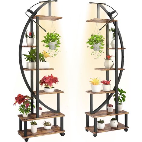 Une paire 6 Niveaux Étagères Plantes en Bois et Métal avec Roues, 2 Lampes de Croissance Intégrée, Design Demi-Lune & Roulettes Amovibles pour Balcon/Jardin (1/5)